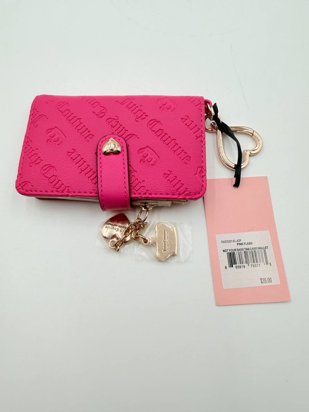 Juicy Couture Not Your Babe Tab Card Wallet Pink Flash NWT Heart Charm